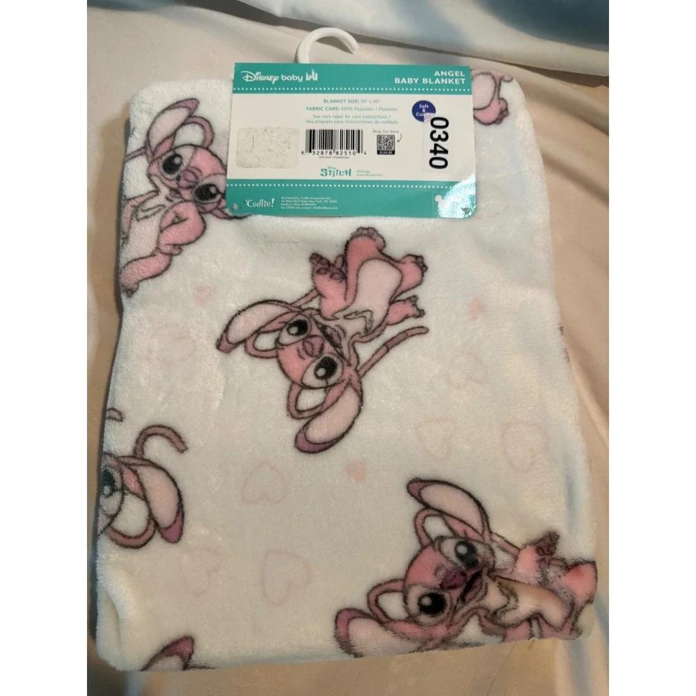 Disney Baby Angel Lilo & Stitch Fleece Blanket White Pink Hearts 30x40 NEW